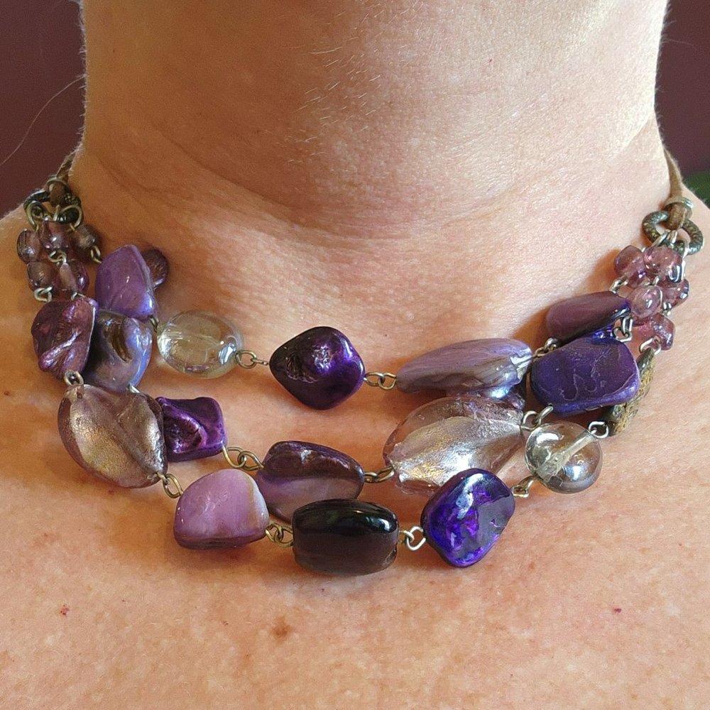 Purple Glass and Abalone Mother-of-Pearl Triple Strand Leather Chain Necklace - Picture 9 of 14